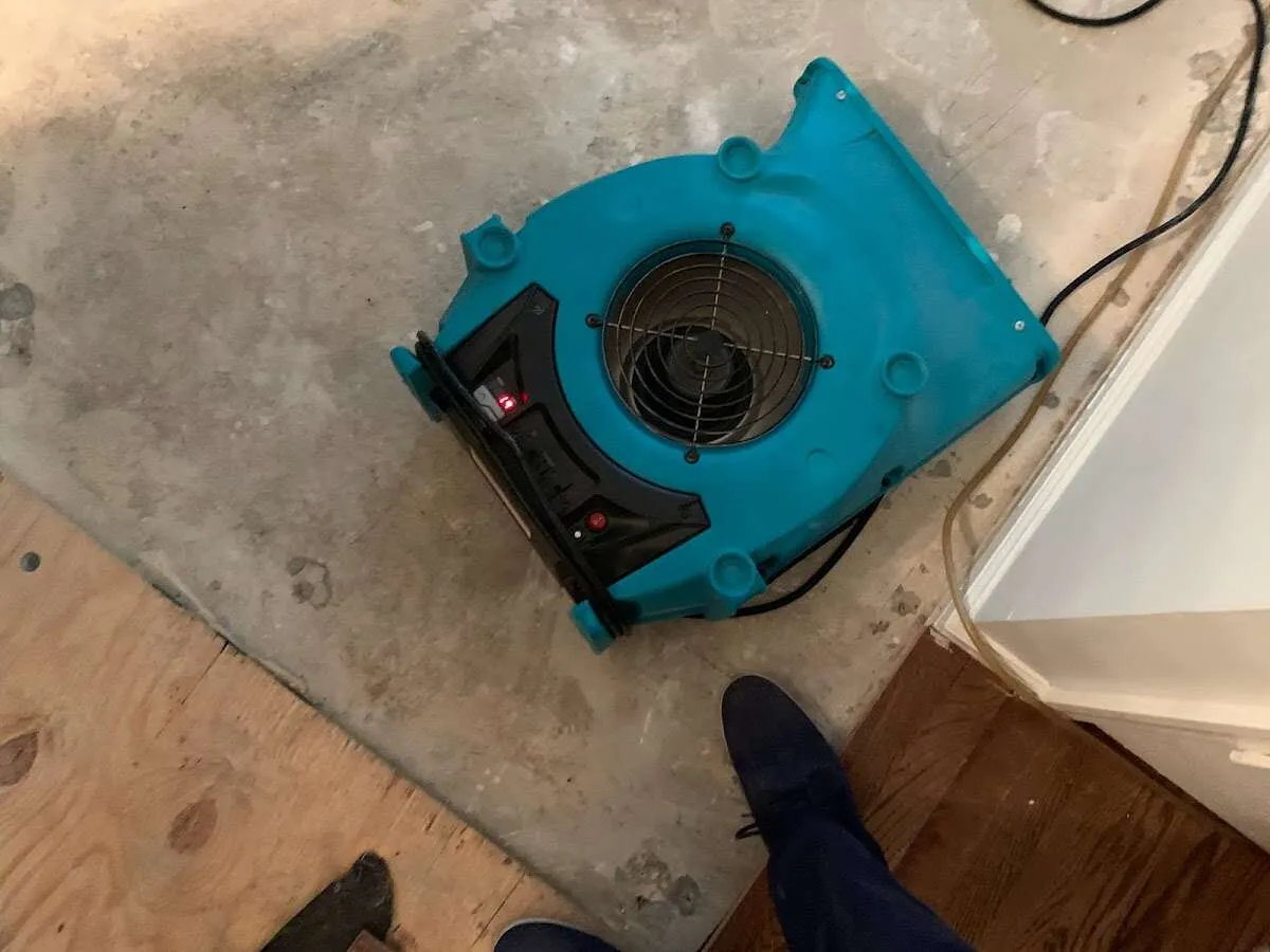 Air mover drying subfloor during Commercial Water Damage Restoration in Maidencreek